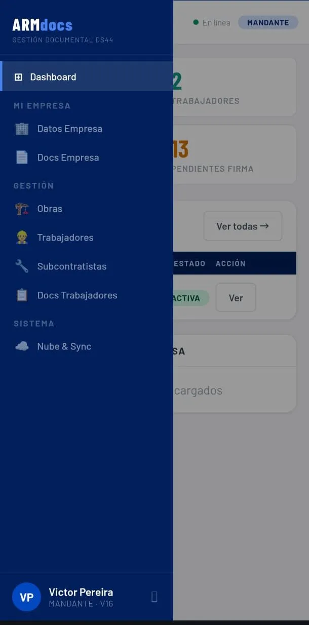 Dashboard de ARMdocs con obras activas, trabajadores, documentos de empresa y pendientes de firma