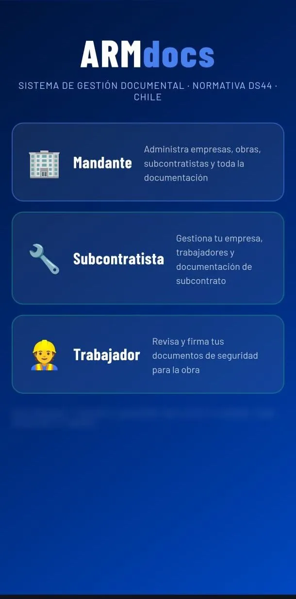Portal de ARMdocs con selección de rol Mandante, Subcontratista o Trabajador