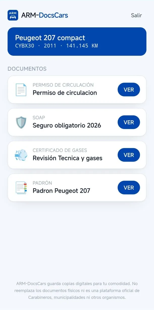 Pantalla de documentos de ARM Mi-Vehículo con el permiso de circulación, SOAP, revisión técnica y padrón de un vehículo, cada uno con botón Ver